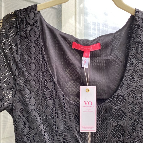 VO-Coquette Crochet Eyelet Zip Front Black Wedding Guest Small Dress - Picture 5 of 8